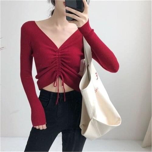 2020 Sexy V Neck Lace Up Knitted Sweaters Women Autumn Long Sleeve Solid Crop Tops Autumn Knitwear Jumper Tops
