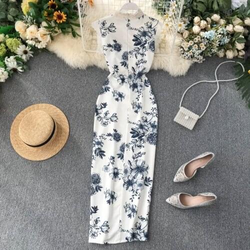 Women Sexy Lace Floral Print Long Cheongsam Dresses Female High Waist Slim Dress Ladys Vintage Dress Chinese Style