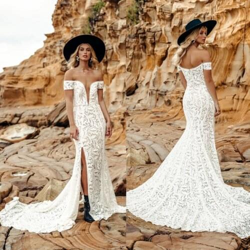 Country Mermaid 2020 Wedding Dresses Off The Shoulder Full Lace Side Split Bridal Gowns Sweep Train Robe De Mariée