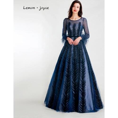 Lemon joyce Dubai Long Sleeve Evening Dresses Luxury Beading Illusion A-line Sexy Party Evening Gown Robe Dubai Soiree Plus Size