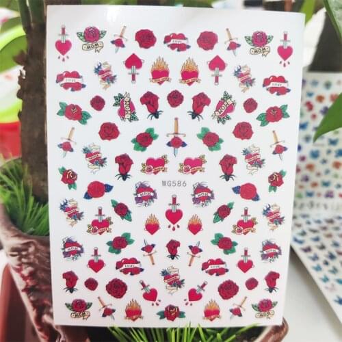 3D Stickers for Nails Red Rose Love Heart Dagger Design Nails Art Decoration Manicure Sticker Decal Slider Nail Foil Accessories