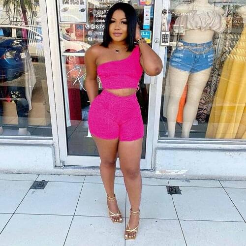Single Shoulder Asymmertical Solid Two Piece Sets Women 2021 Sporty Crop Tops and Biker Shorts Casual Matching Suit Streetwear