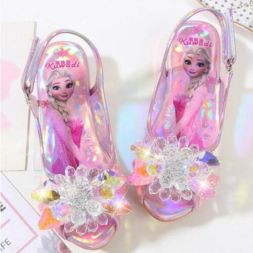 Disney Princess Elsa Shoes For Baby Girl Frozen Kids Lovely Cartoon Sandals With Square Heel Girls Crystal shoes Pink Blue