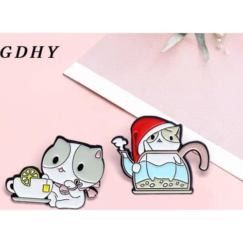 GDHY Cute Cat Enamel Pins Cup Kettle Teapot Kitten Cats Badge Custom Brooch Bag Clothes Lapel Pin Cartoon Animal Jewelry Gift