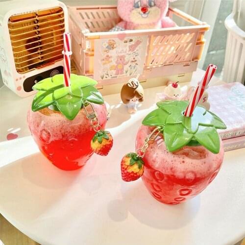 Strawberries Straw Cup Plastic Cup Lovely Girl Tea Cup Milk Cup Student Portable Water Cup Summer Water Bottle with Straw