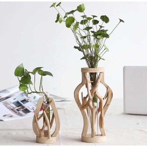 1 Set Pure Handwork Wooden Vase Decorated Solid Wood Flower Pot for Creative Glass Floral Hydroponic Container Home Decorative