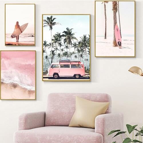 Girl Surfboard Waves Pink Car Palm Tree Wall Art Canvas Painting Nordic Posters And Prints Wall Pictures For Living Room Decor