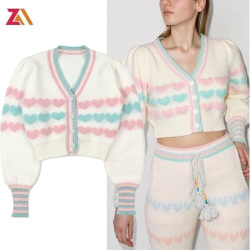 ZALady traf designer Y2K women short Knit cardigan jacket autumn long sleeve flower Buttons stripe V-neck sweaters femme tops