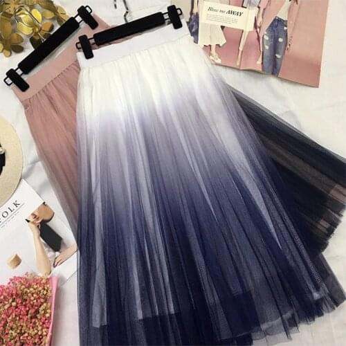 Long Tulle Skirt Women 2020 Autumn Gradient Korean Elegant High Waist A Line Long School Midi Skirt Female WF0185