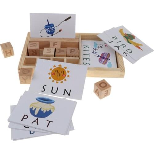 Child Preschool Wooden English Words Jigsaw Puzzles Cube Blocks Toy Playset