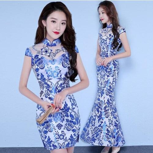 Chinese Qipao Elegant Traditional Printed Women Slim Evening Party Dress Stage Performance Cheongsam
