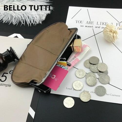 BELLO TUTTI Genuine Leather Mini Wallet For Women Girls Metal Farme Small Coin Purses Hobos Design Sheepskin Card Holder Bag