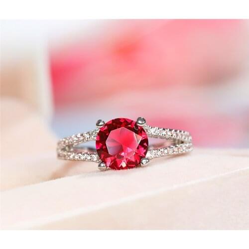 Trendy Female Red Crystal Stone Ring Charm Zircon Hollow Wedding Rings For Women Dainty Bridal Round Engagement Ring