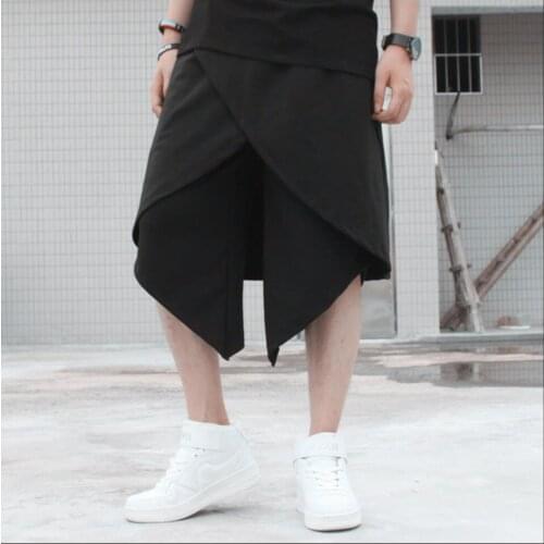 M-5xl Hot New Fashion Dj Pants Mens Skorts Faux Two Piece Pants Culottes Rock Black Skirt Singer Costume Hairstylist Trousers
