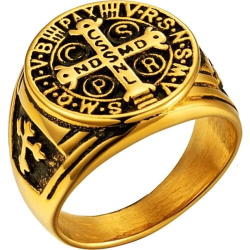 Men CSPB CSSML NDSMD Saint Benedict of Nursia Ring Stainless Steel Crusaders Religious Jesus Christ Medieval Cross Rings Jewelry