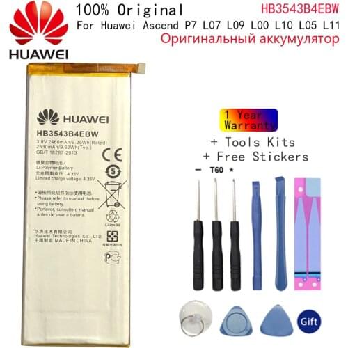 Hua Wei 100% Orginal HB3543B4EBW 2530mAh Battery For Huawei Ascend P7 L07 L09 L00 L10 L05 L11 Replacement Batteries +Tools