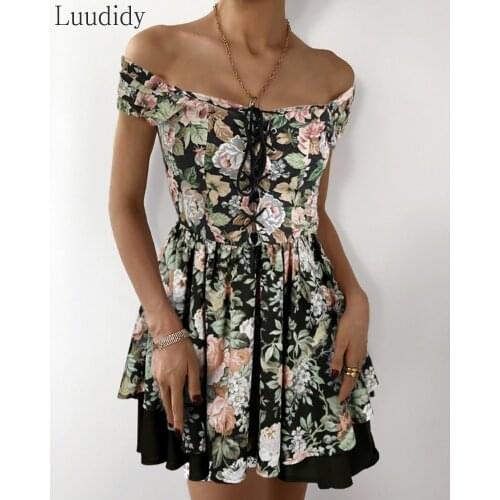 Eyelet Lace-up Off Shoulder Floral Print Dress
