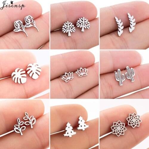 Simple Creative Hollow Rose Flower Stud Earrings Bohemian Leaf Tree Cactus Stainless Steel Earrings for Women Fashion Jewelry