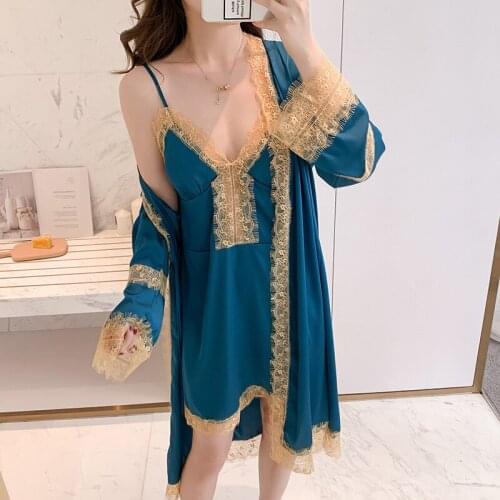 Sexy Summer Women 2PC Robe Bath Gown Sexy Lace Kimono Pajamas Sets Sleepwear Lady Home Wear Nightgown Home Suit With Chest Pad