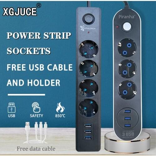 EU Plug Power Strip Socket USB Charging Port 2M Cable Extension Cord Outlets Adapter Surge Protector Network Filter Home Office