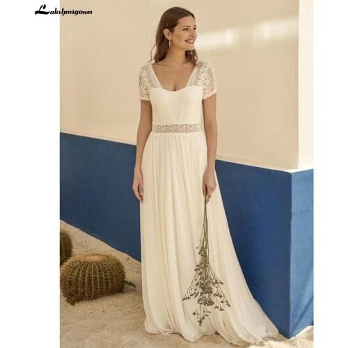 Lakshmigown Ivory Boho Bridal Dress A Line Chiffon Wedding Dresses Beach 2021 V-neck Cap Short Sleeves abito da sposa