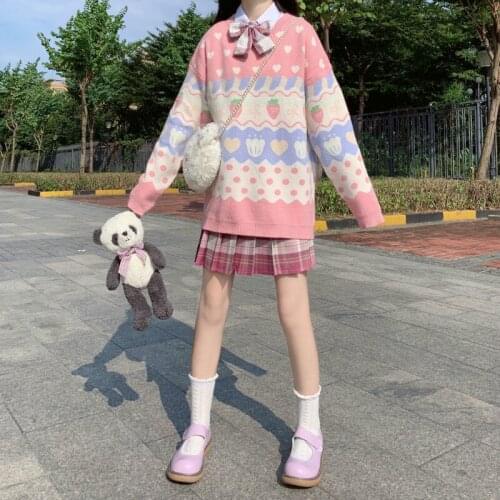 New Autumn Winter Japanese Cute Strawberry Printing Knitting Sweater Vintage Women Long Sleeve Kawaii Pink Top Pullover Clothing