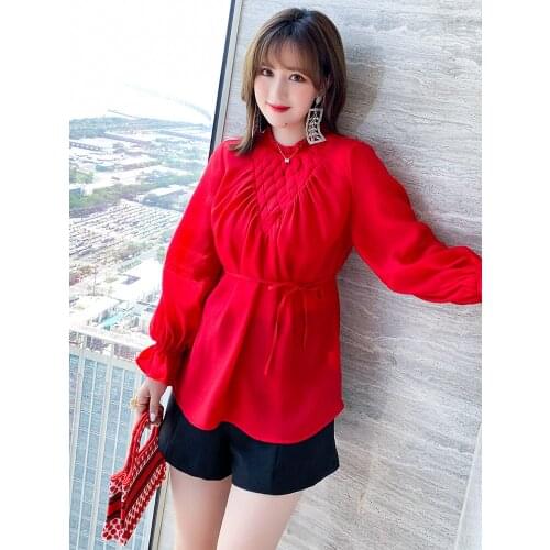 High quality Rhombic weave Auricularia lace neck tie flared sleeve top 2021 summer new