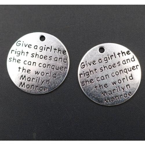 WKOUD 6pcs Silver Plated Give A Girl The Right Shoes And She Can Conquer The Wold Mailyn Monroe Charm Alloy Pendants A1699
