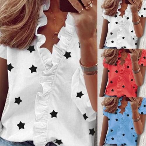 2020 New Star Print Ruffle Blouse Shirts Office Lady Summer Short Sleeve Slim Blouses Fashion Women Sexy V-Neck Tops Wholesale