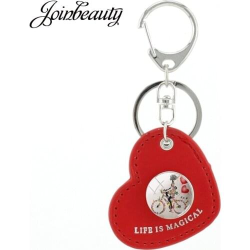 JOINBEAUTY Riding Bicycle Women Snap Buttons Keyrings Red Heart Shape PU Leather Different Style Of Bicycles Photo Keychain A54