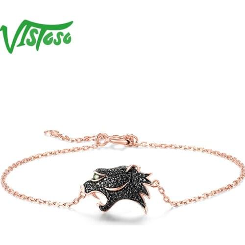 VISTOSO Genuine 14K Rose Gold Bracelet For Woman Green Garnet Black Diamond Leopard Head Bracelet Animal Trendy Fine Jewelry