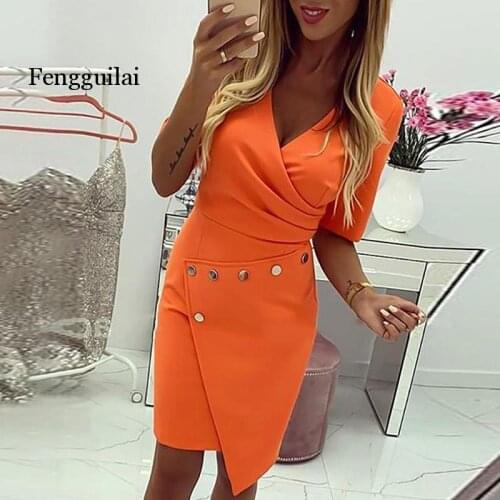 Spring Summer Elegant Metal Buttoned Midi Dress Women V-Neck Office Lady Irregular Party Dresses Female 2XL Solid Dress Vestido