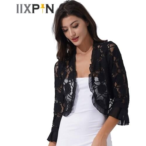 Womens Elegant Bolero Half Sleeve Ruffle Open Front Floral Lace Shrug Shawl Cardigan for Wedding Party Evening Dresses Wraps