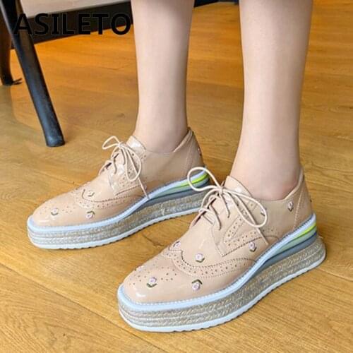 ASILETO New 2021 Ladies Platform Shoes Square Toe 5cm Heels Patent Lether Flower Soft Breathable British Casual Summer B2226