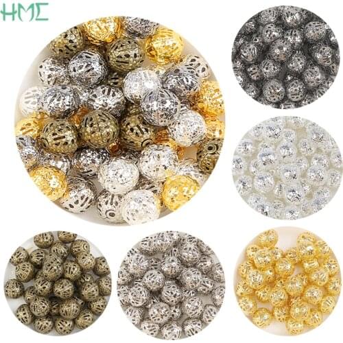 4/6/8/10/12mm Gold/Rhodium/Bronze Hollow Ball Filigree Charms Flower Metal Loose Spacer Beads for Jewelry Making Handmade