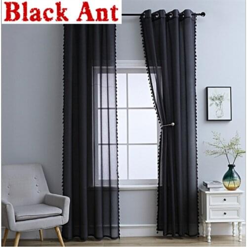 Black Tassel Tulle Curtain For Living Room Solid Color Sheer Curtain Bay Kitchen Voile Sheer Fabric American Grommet Top JD1018