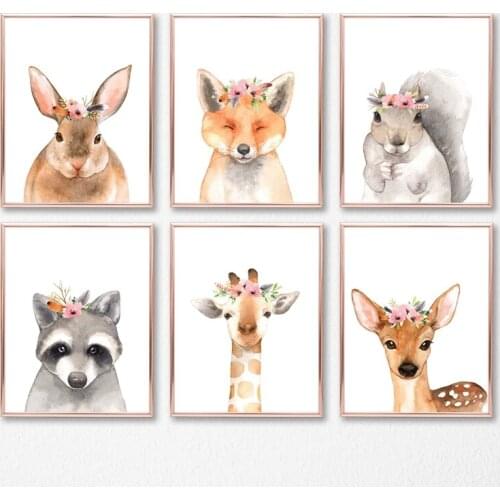 Floral Crown Animal Canvas Poster Nursery Wall Art Print Painting Nordic Watercolor Forest Animals Pictures Baby Room Decoration