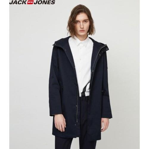 JackJones Mens Cotton Hooded Stand-up Collar Windproof Front Mid-length Trench Coat| 220121530