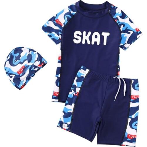 3pcs Kids Swimsuit Boys Bathing Suit Beachwear Shirts Shorts Children Swimming Cap Camouflage Wetsuit Summer Teenager Costume