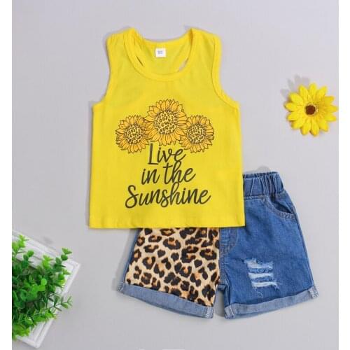 Pudcoco 0-24M 2Pcs Summer Baby Girls Boys Sleeveless Letter Sunflower Print Vest Tops+Leopard Ripped Shorts Jeans Outfit Sets