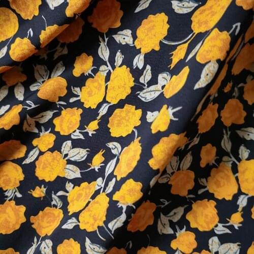 Beautiful Black imitation Koera silk fabric Yellow Rose Flower Printed Cloth DIY Women Dress/Pants/Clothing