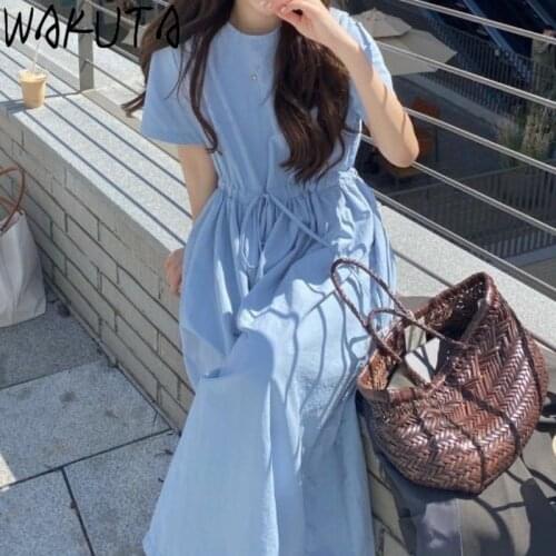 WAKUTA Summer Blue Draw String Slim Waist Maxi Dress Women Elegant Casual Simple Short Sleeve O Neck Dresses Dailywear 2021 New