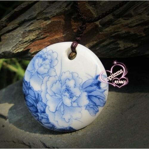 Minium blue peony Flower classical style Handmade Round Ceramic Pendant Adjustable Knitted Rope Necklace For women