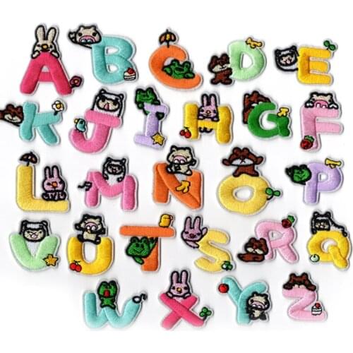 Multicolor Cartoon 26 English Letter Embroidered Patch Rabbit Pink Pig Bear Iron on Patches for Clothes Badges For Jeans Sticker