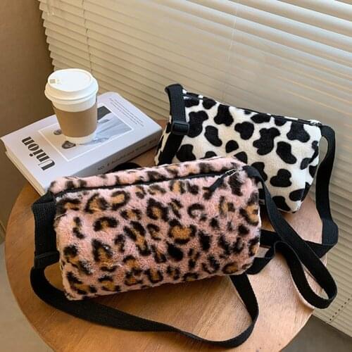 Fashion Cylinder Shaped Shoulder Messenger Bag for Women Animal Pattern Plush Trunk Small Round Crossbody Sling Bags