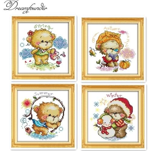 Four seasons little bear spring autumn winter cross stitch kit 14ct 11ct printed canvas embroidery DIY handmade needlework plus