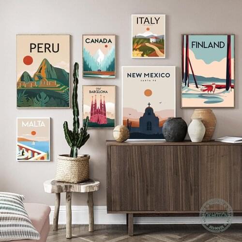Nordic World Famous Travel Location Wall Art Poster Canada Italy Peru Malta Finland Barcelona Canvas Painting Modern Home Decor