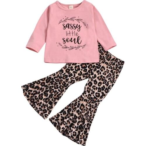 0-3Y Fashion Kids Girls Clothes Sets Toddler Letter Print Long Sleeve T Shirts Tops + Leopard Flare Pants Outfits