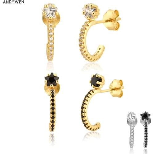 ANDYWEN 925 Sterling Silver Star White Black Hoops Piercing Circle Earring Piercing Luxury Zircon Fashion Jewelry Women Party