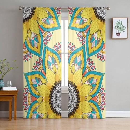 Mandala And Sunflower Chiffon Tulle Curtains for Living Room Kitchen Bedroom Sheer Voile Yarn Window Treatment